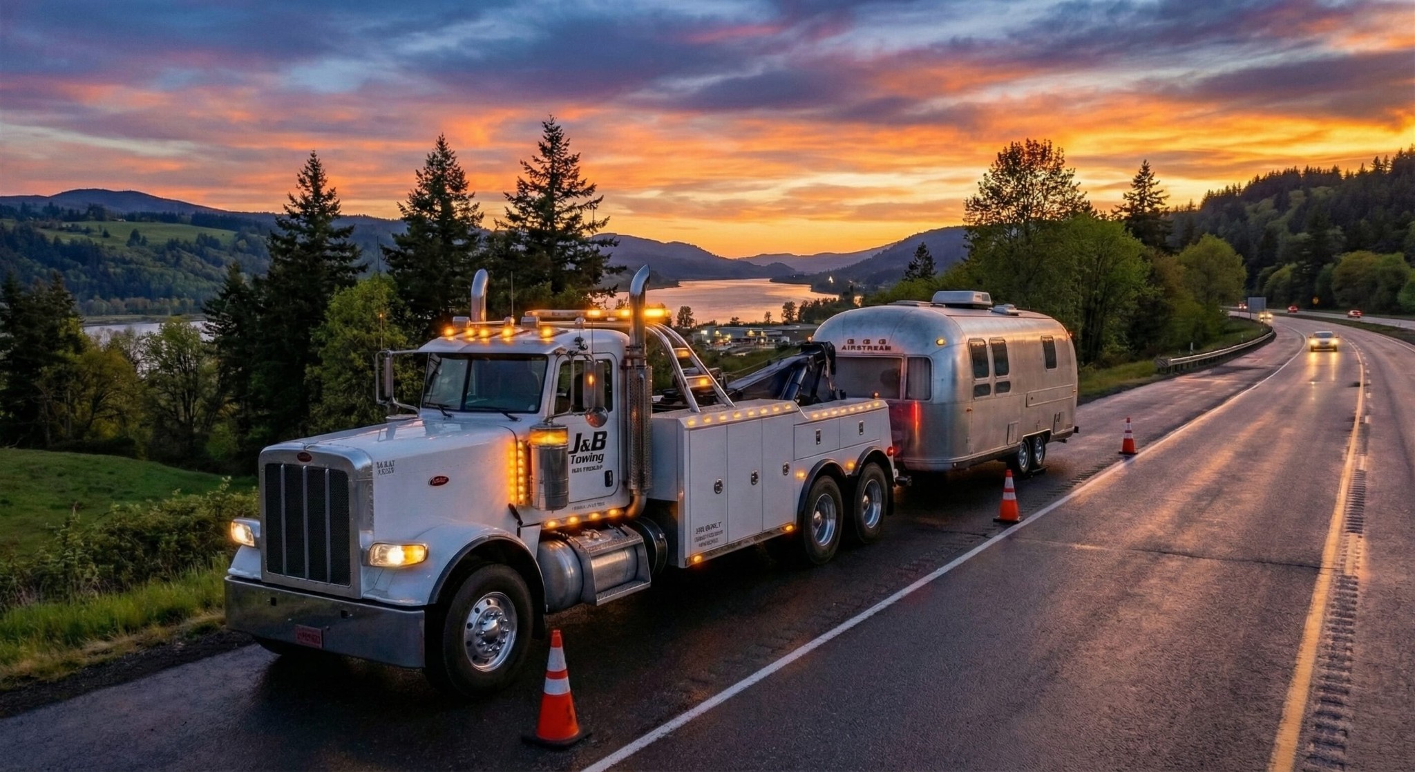 J&B Towing truck loading a vehicle on the highway in Kalama
